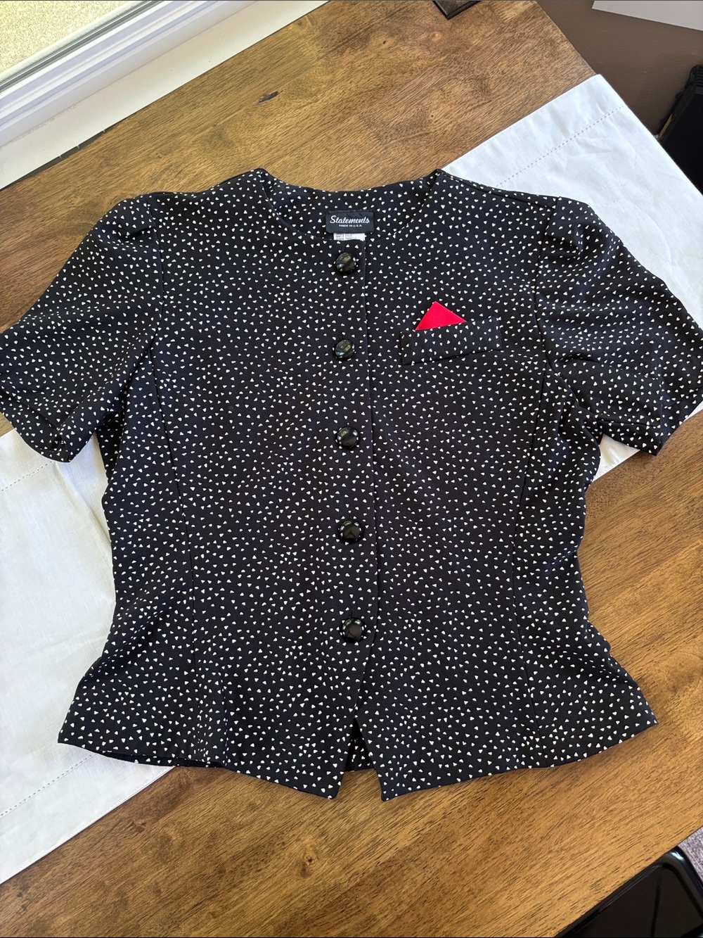 Vintage 80s 90s Statements Black White Polka Dot Blouse Red Pocket Square M